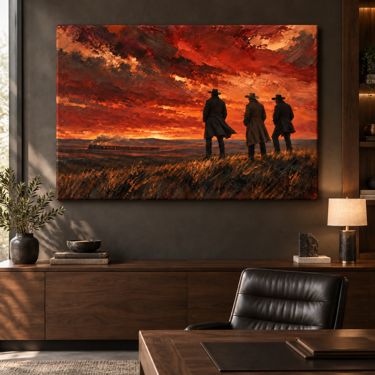 Before Sundown: three cowboys watching a distant train under a fiery sunset, stretched frameless room mockup