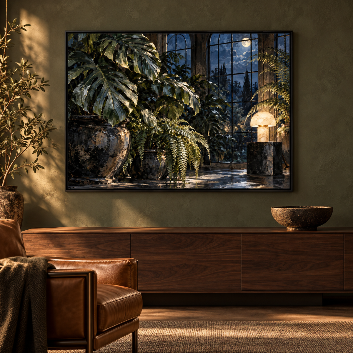 Moonlit Conservatory botanical canvas in a black frame above a walnut console