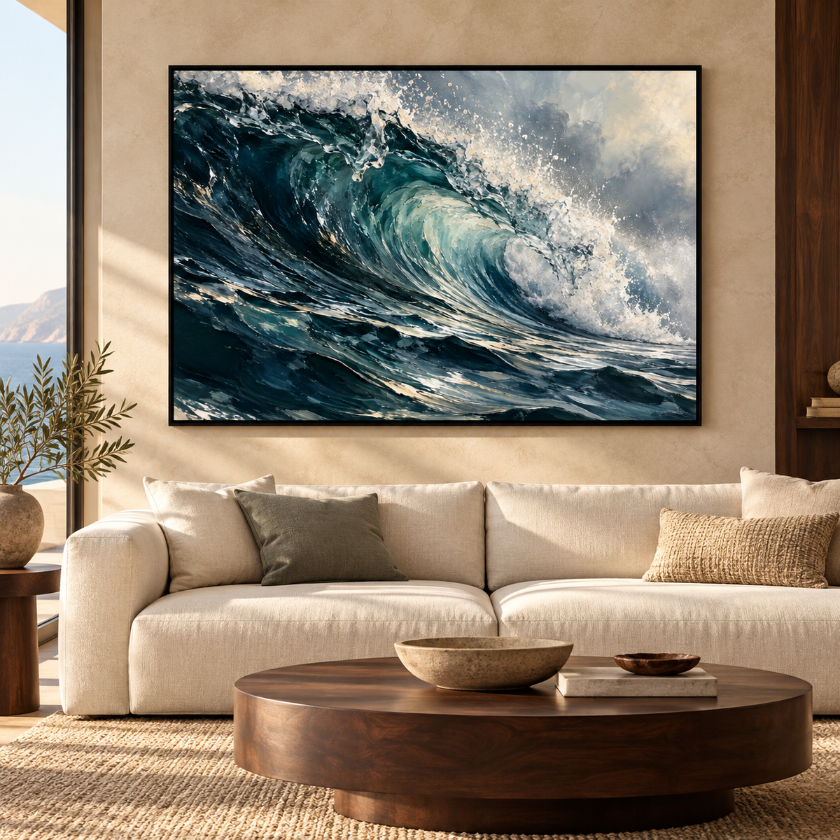 The Breaking Crest coastal canvas in a black frame above a cream sofa
