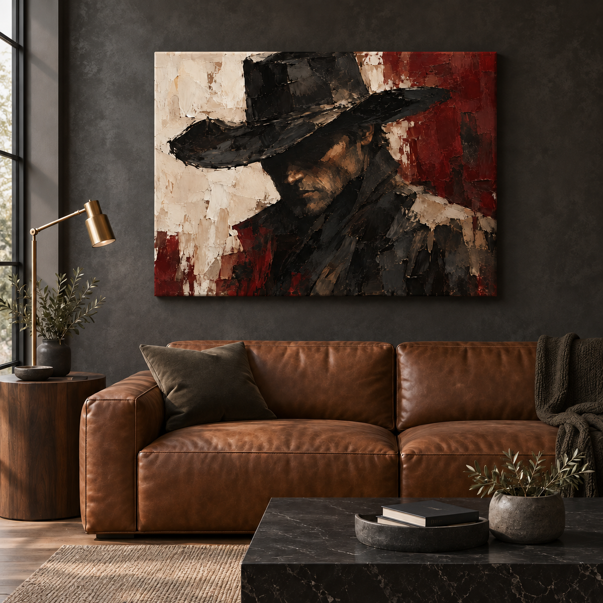 The Last Outlaw: shadowed cowboy portrait in black, bone and burgundy, stretched frameless room mockup