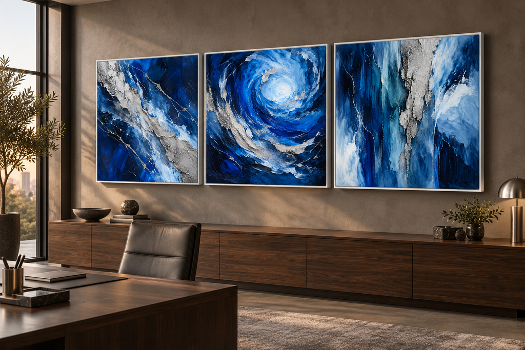 The Trident three-piece blue and silver wall art in white frames behind a walnut executive desk.