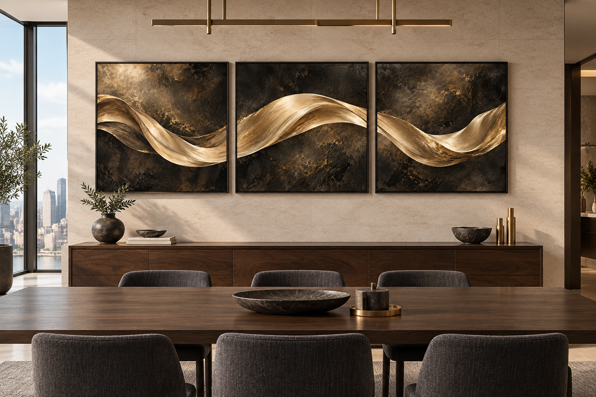 The Golden Continuum three-piece black and gold wall art in black frames above a walnut dining room sideboard.