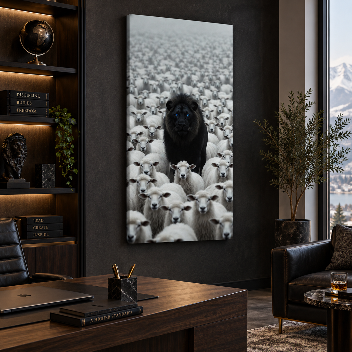 Blue Eyes Black Lion Among Sheep
