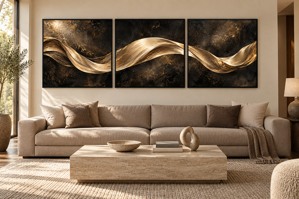 Sıcak nötr tonlu salonda vizon renkli kanepenin üzerinde siyah çerçevelerde The Golden Continuum üç parçalı kanvas seti.