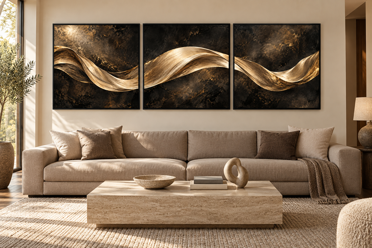 Sıcak nötr tonlu salonda vizon renkli kanepenin üzerinde siyah çerçevelerde The Golden Continuum üç parçalı kanvas seti.