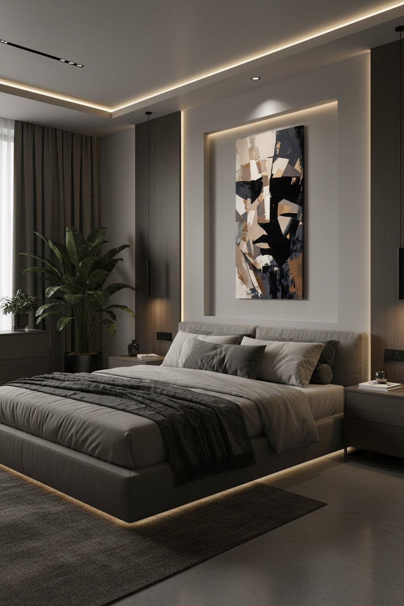 Veil of thought abstract art in A modern bedroom interior with a low gray upholstered bed, neutral bedding, wall-mounted LED lighting, a large abstract painting above the bed, and a potted plant near the window.