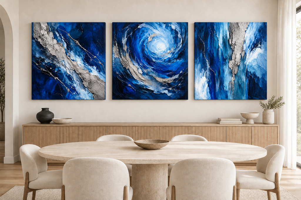 The Trident frameless blue and silver stretched canvas set above an oak dining-room sideboard.