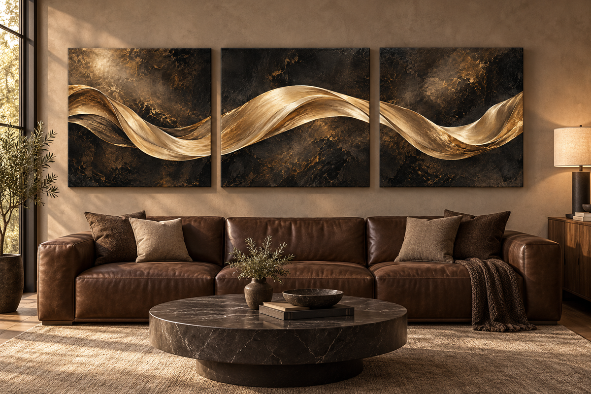 The Golden Continuum unframed canvas set with flowing gold ribbons above a brown leather sofa.