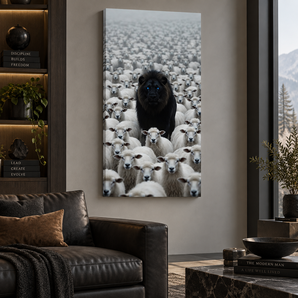 Blue Eyes Black Lion Among Sheep