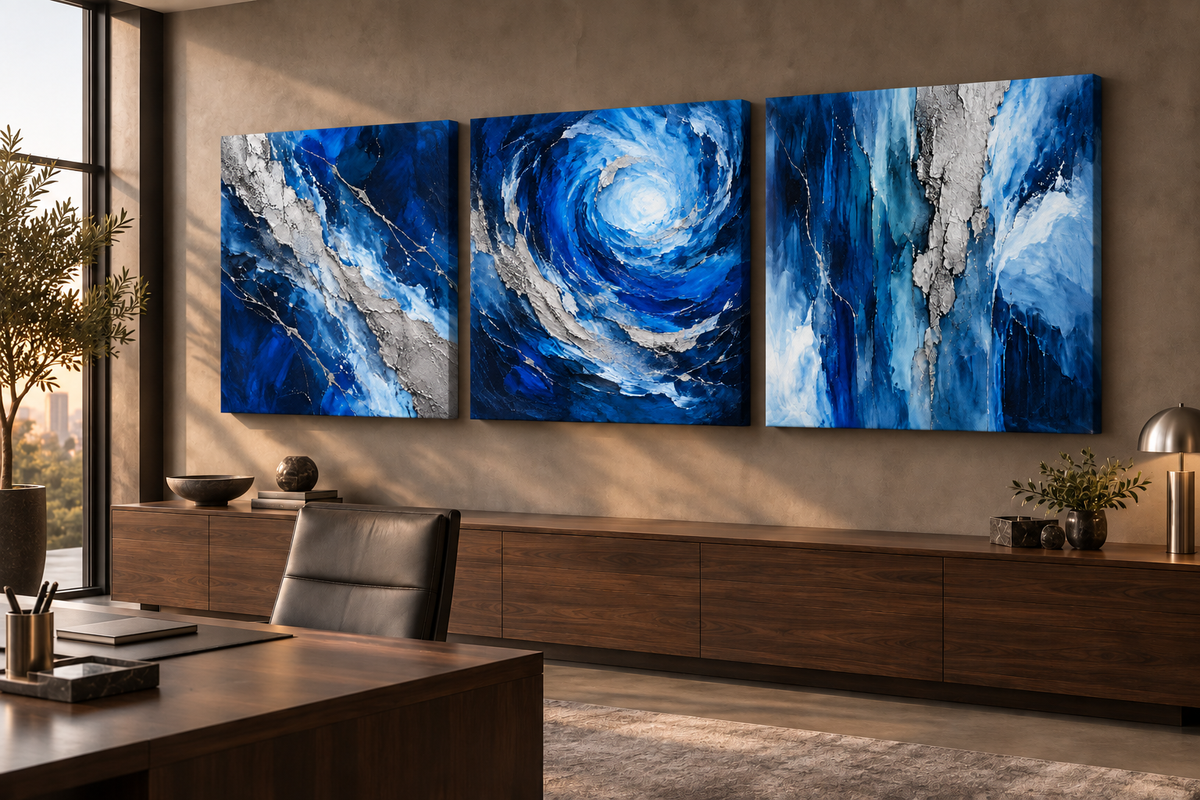 The Trident blue and silver three-piece stretched canvas wall art without outer frames in a walnut executive office.