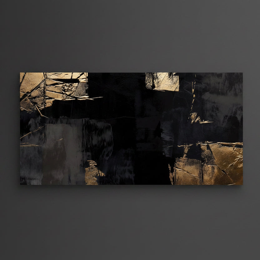 Gilded Shadow, quadro astratto nero e oro di Mens Wall Co.