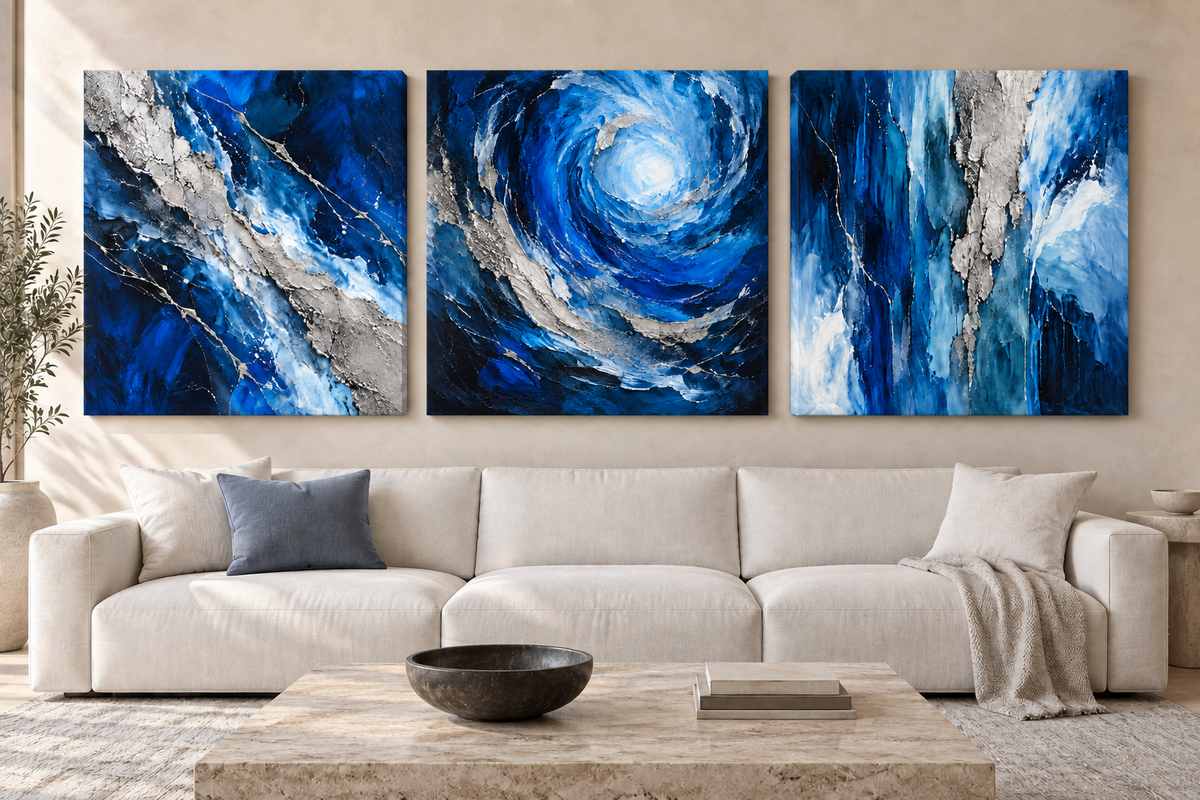 The Trident blue and silver three-piece stretched canvas set without outer frames above an ivory sofa.