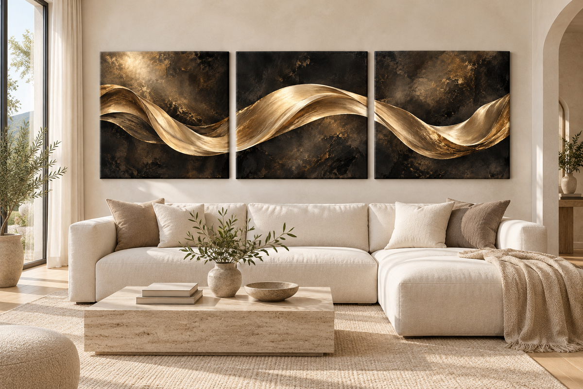The Golden Continuum unframed black and gold triptych above an ivory sectional in a bright living room.