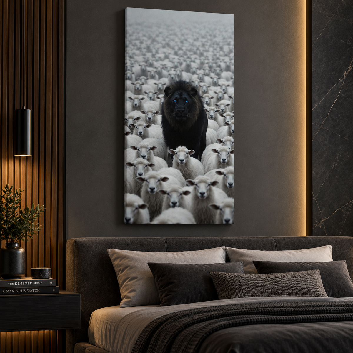 Blue Eyes Black Lion Among Sheep