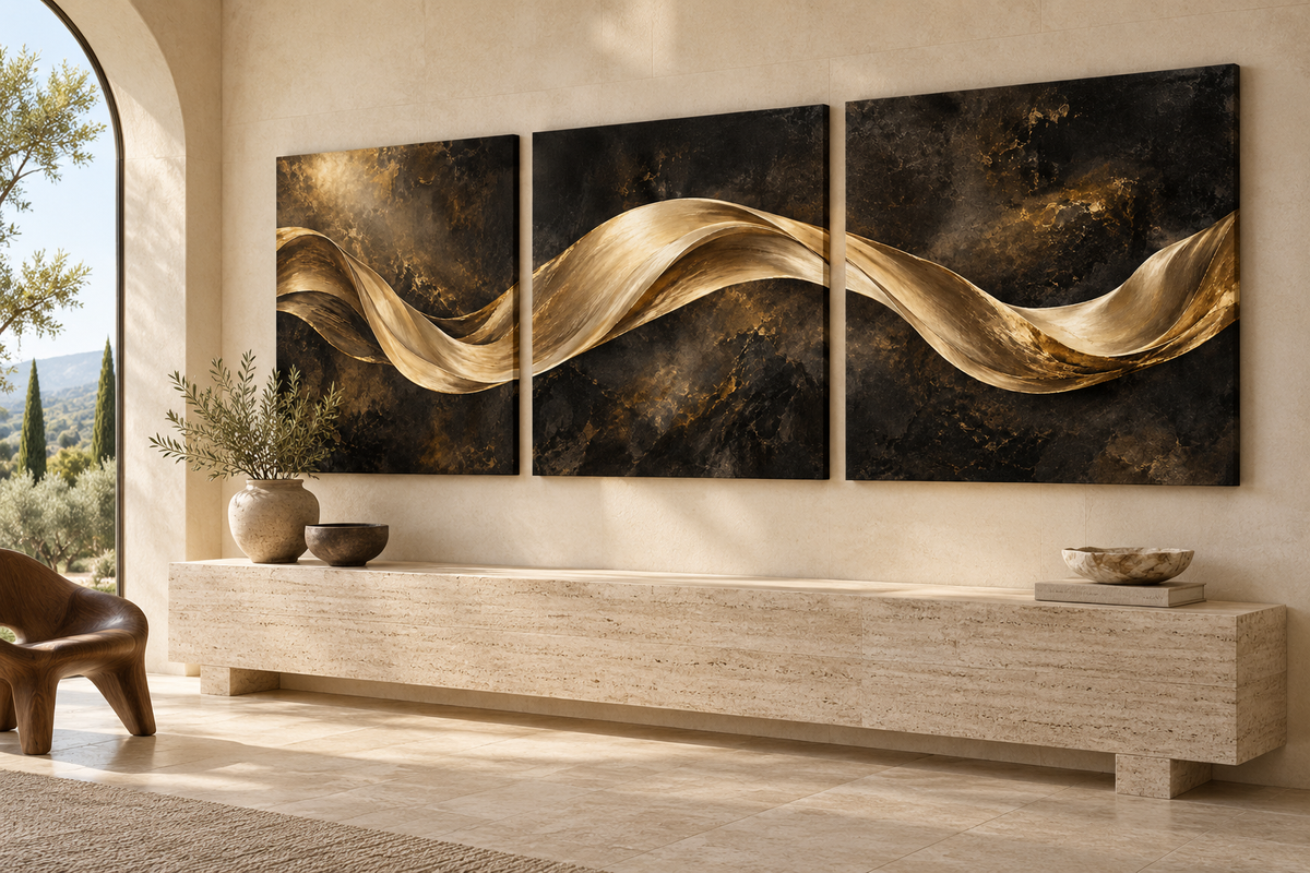 The Golden Continuum black and gold three-piece canvas set, unframed above a travertine console in a sunlit entryway.
