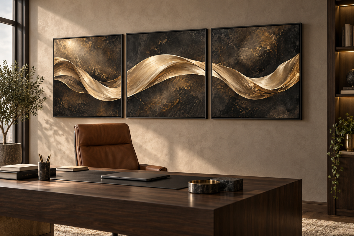 The Golden Continuum black and gold canvas triptych in black frames behind a walnut executive desk.
