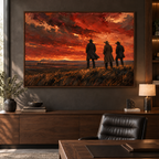 Before Sundown: tre cowboy che osservano un treno lontano sotto un tramonto infuocato, ambientazione con cornice in rovere scuro