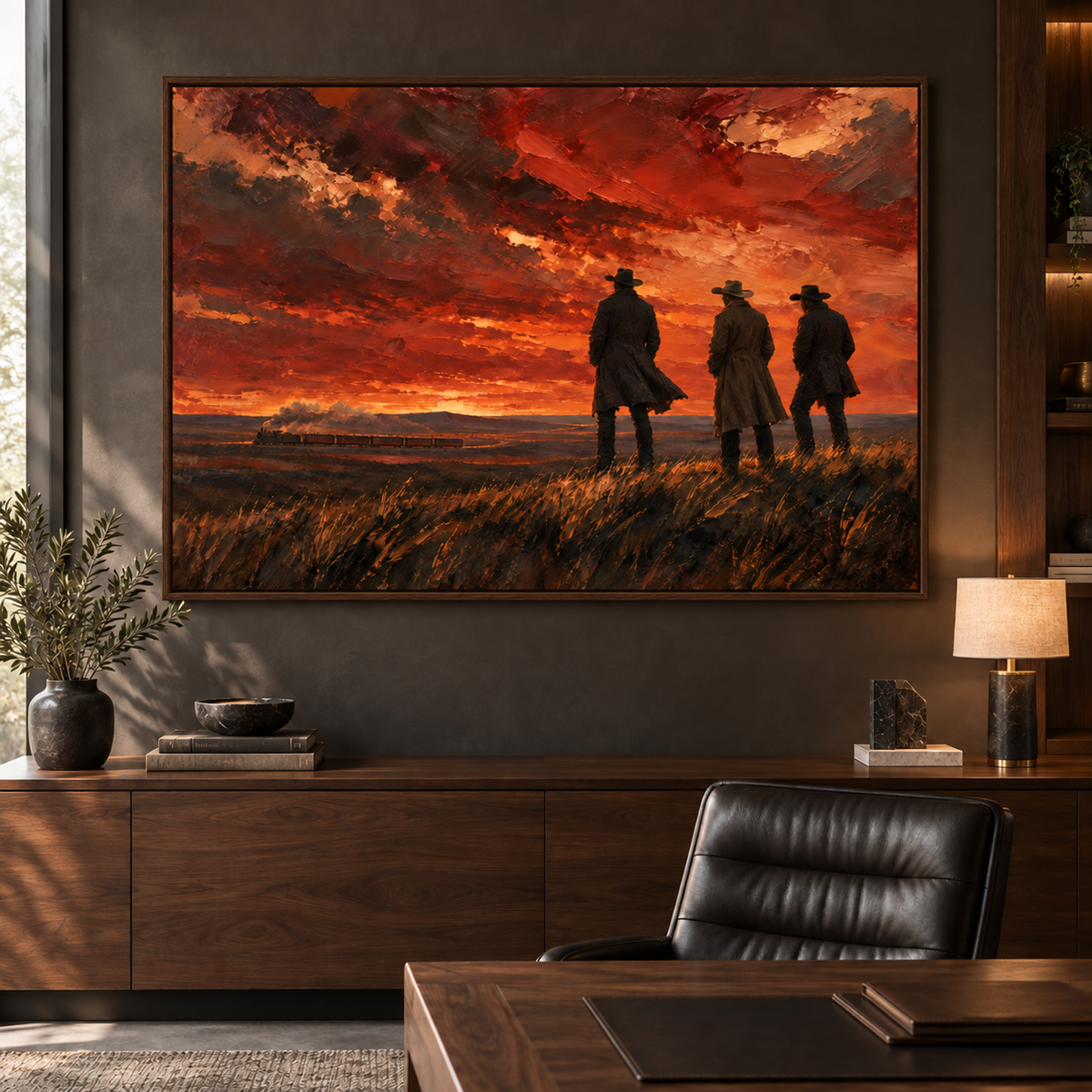 Before Sundown: three cowboys watching a distant train under a fiery sunset, dark oak frame room mockup