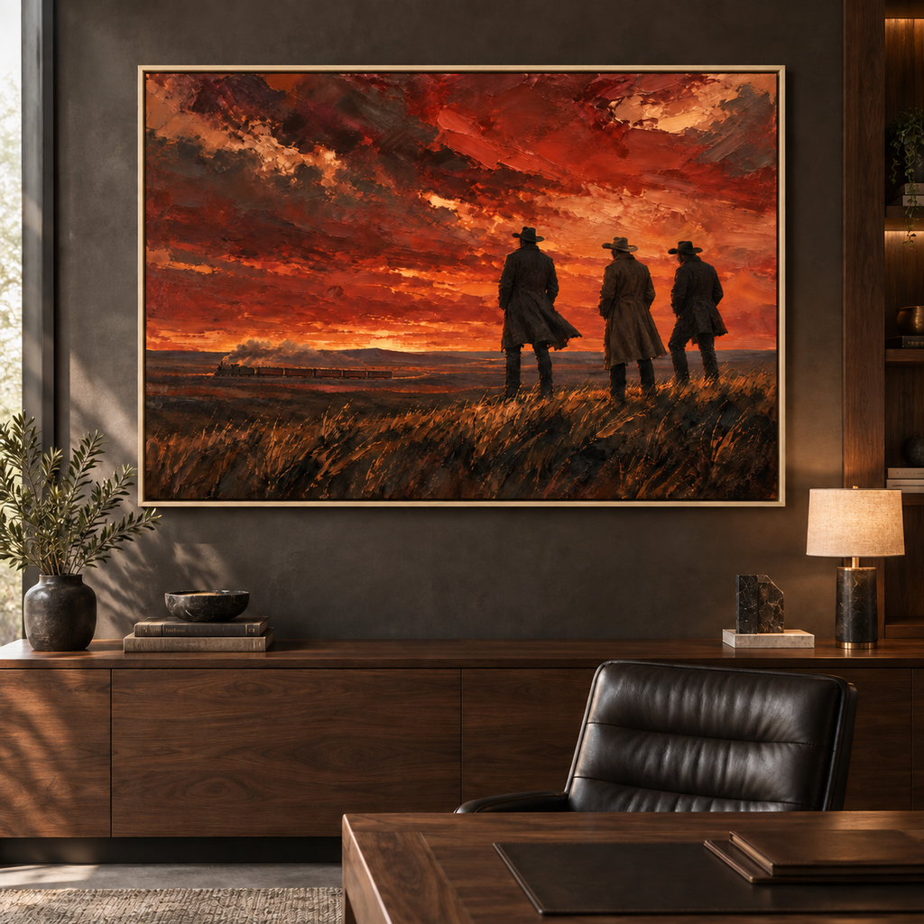 Before Sundown: tre cowboy che osservano un treno lontano sotto un tramonto infuocato, ambientazione con cornice in rovere