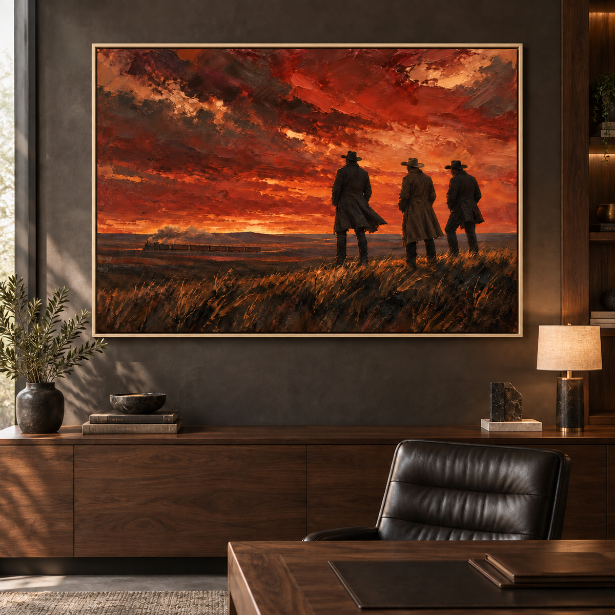 Before Sundown: three cowboys watching a distant train under a fiery sunset, oak frame room mockup