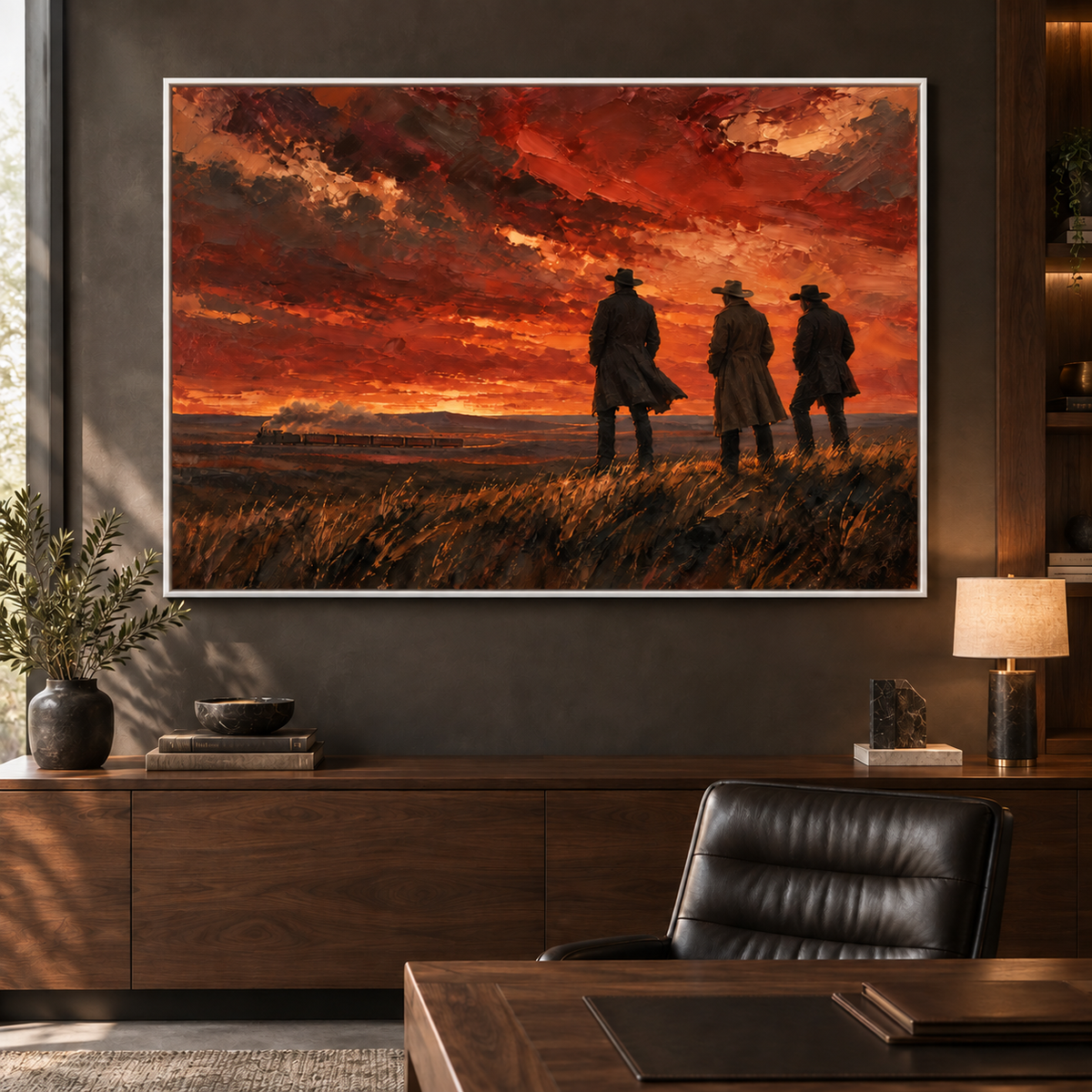 Before Sundown: three cowboys watching a distant train under a fiery sunset, white frame room mockup