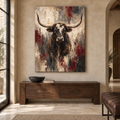 Crown of the Range: front-facing longhorn with sweeping horns against a bone and burgundy background, stretched frameless room mockup