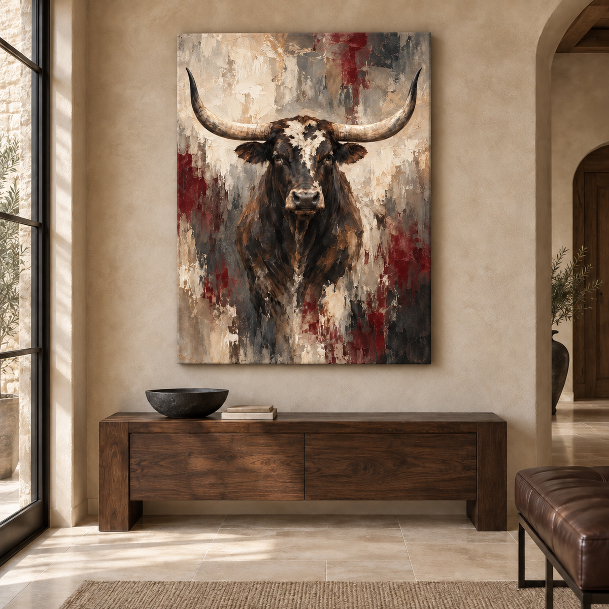 Crown of the Range: front-facing longhorn with sweeping horns against a bone and burgundy background, stretched frameless room mockup