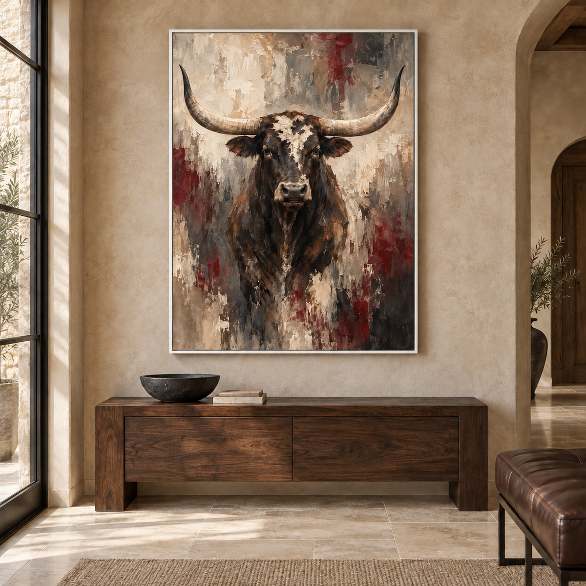 Crown of the Range: front-facing longhorn with sweeping horns against a bone and burgundy background, white frame room mockup