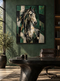 green abstract horse wall art shown in a black frame in a modern interior