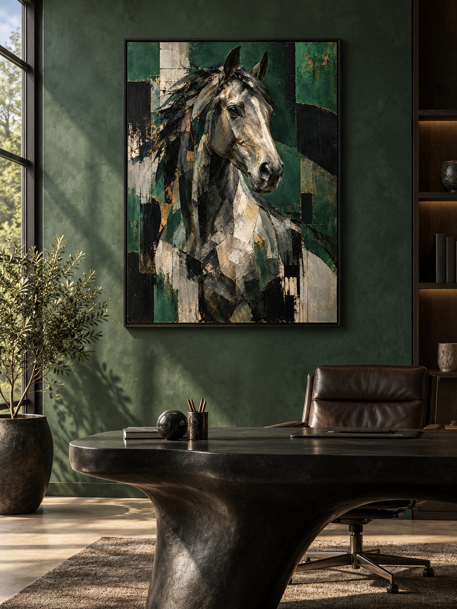 Quadro astratto verde di cavallo, con cornice nera, in un interno moderno