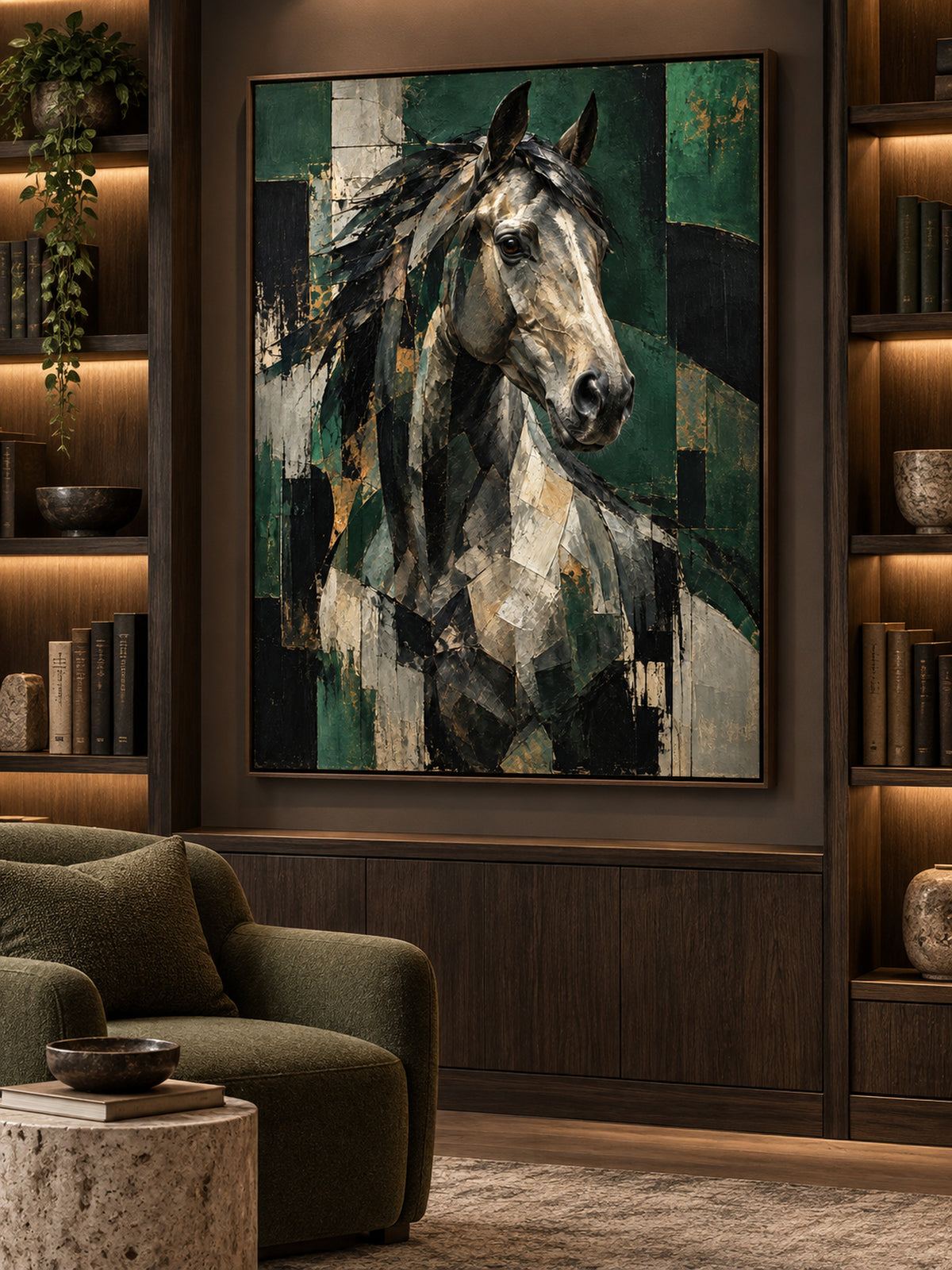 green abstract horse wall art shown in a dark oak frame in a modern interior