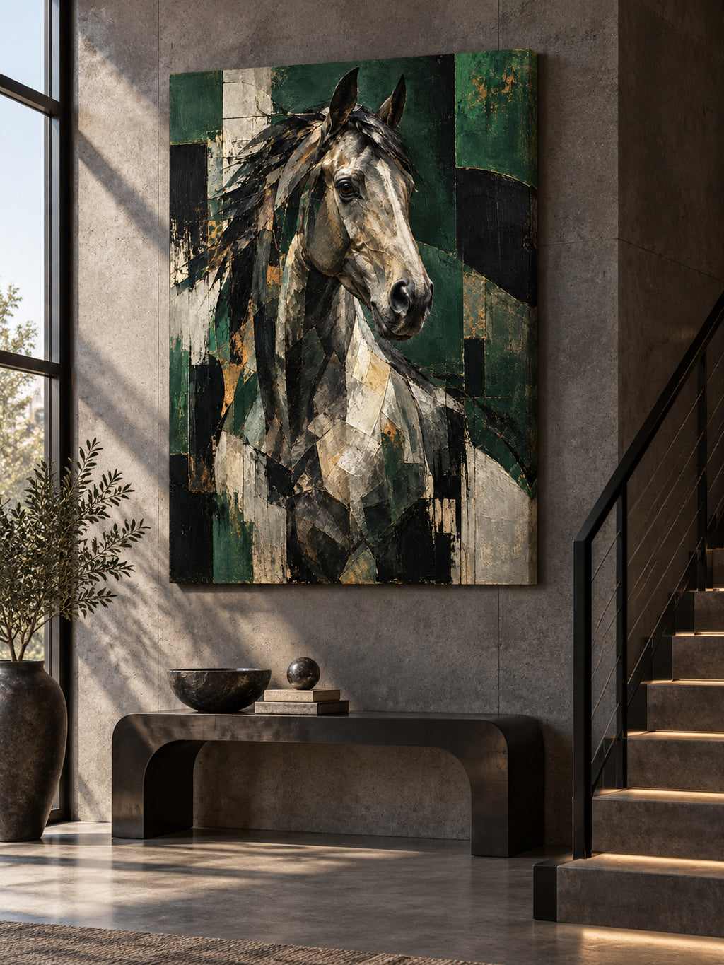 green abstract horse wall art shown as an unframed canvas in a modern interior