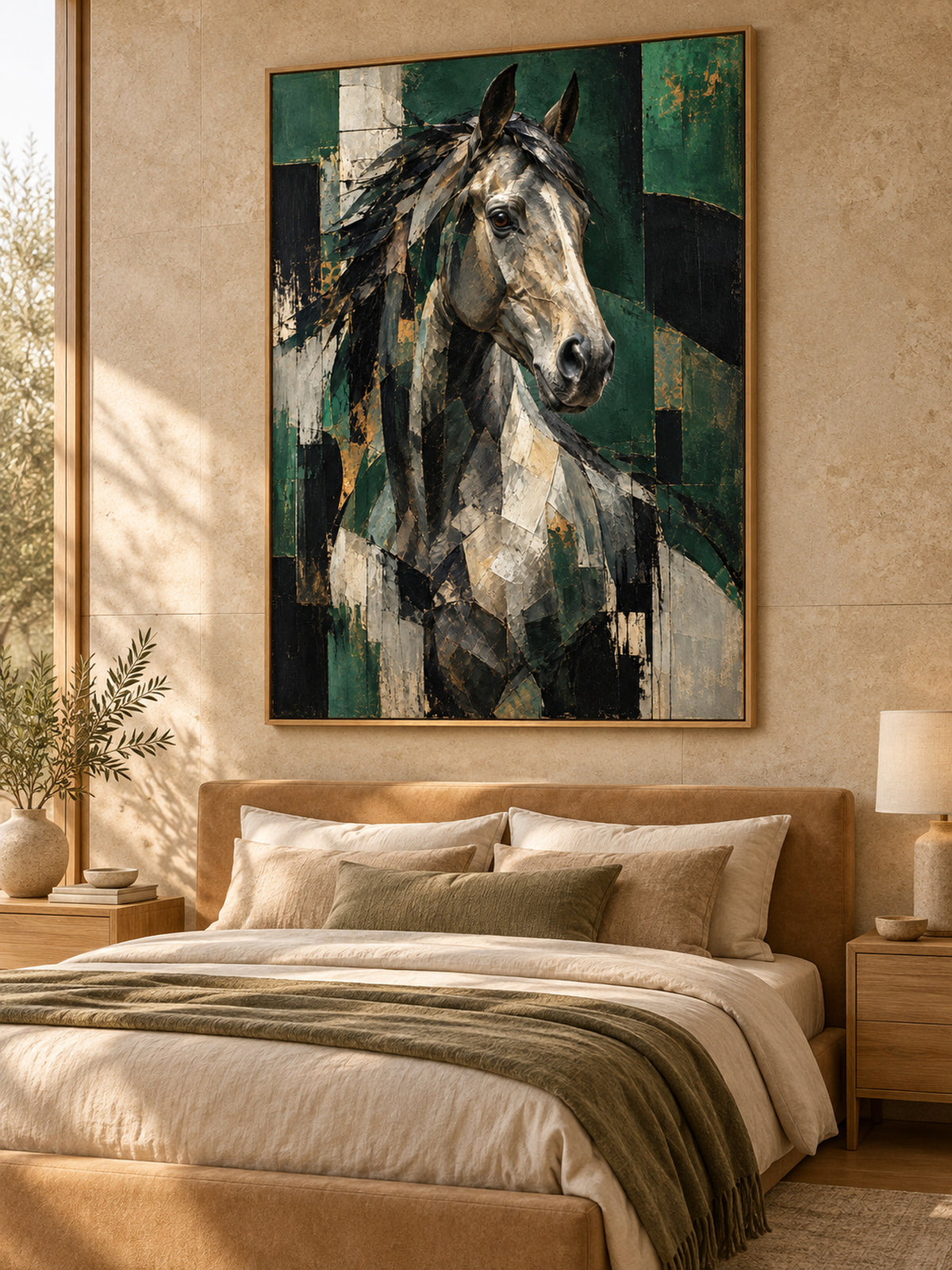 green abstract horse wall art shown in a oak frame in a modern interior