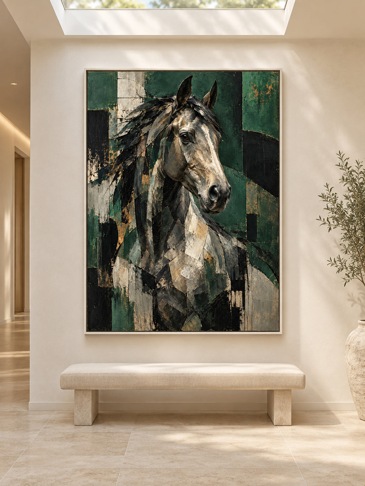 green abstract horse wall art shown in a white frame in a modern interior