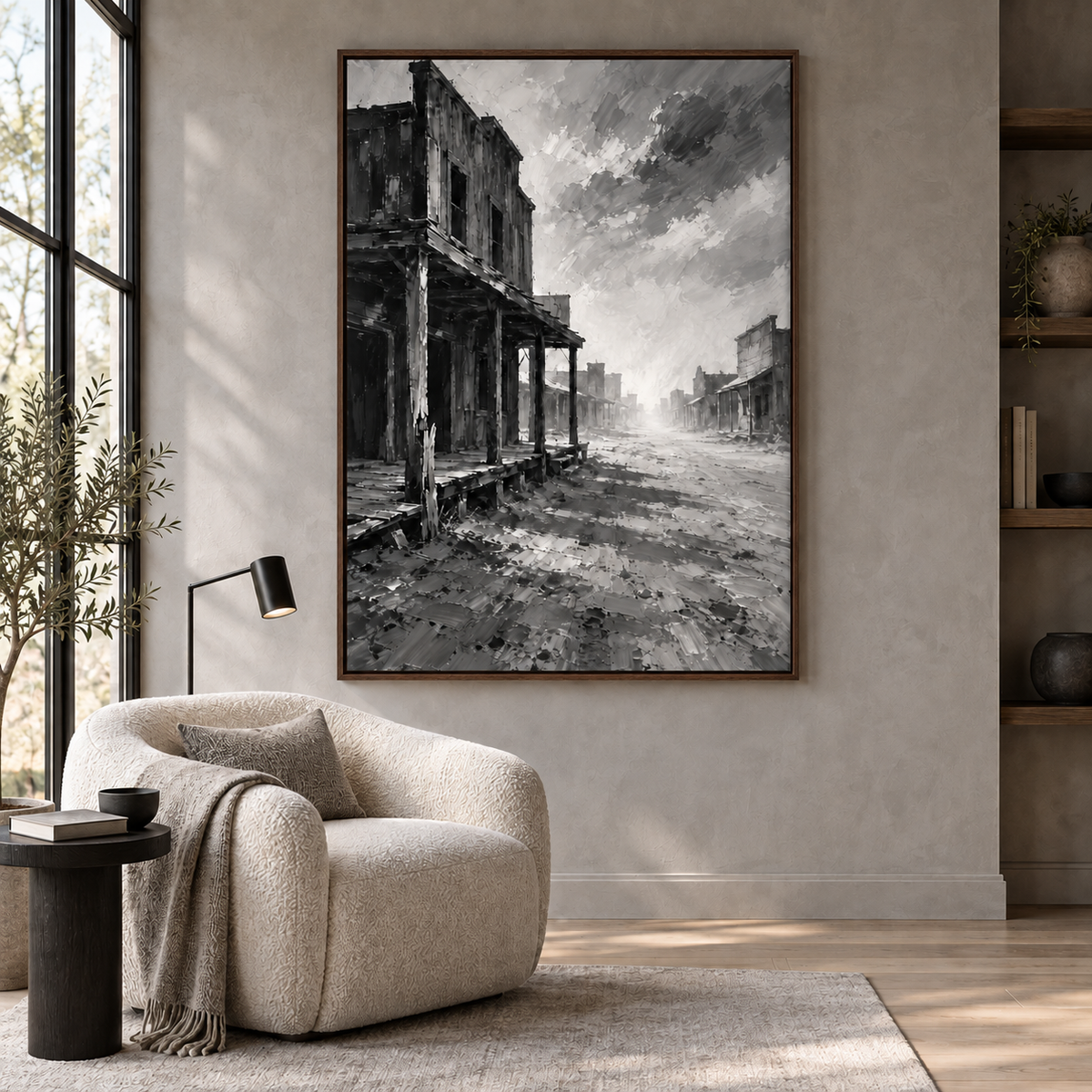 Ghost of the West: deserted Western town street in black and white, dark oak frame room mockup