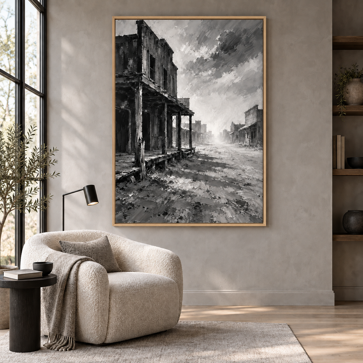 Ghost of the West: deserted Western town street in black and white, oak frame room mockup