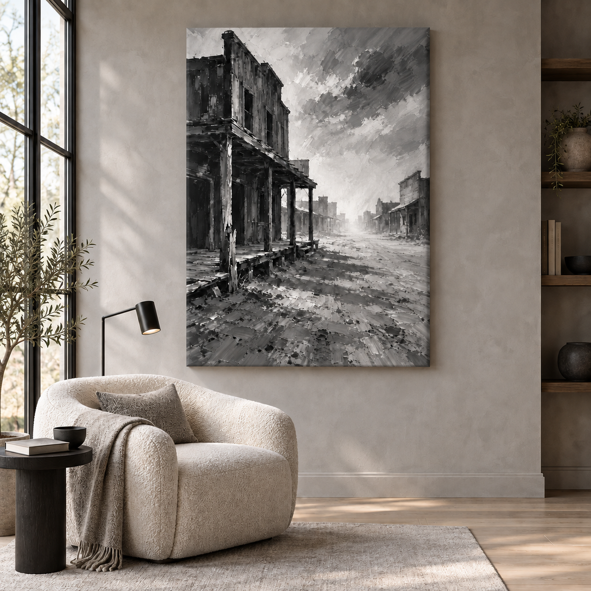 Ghost of the West: deserted Western town street in black and white, stretched frameless room mockup