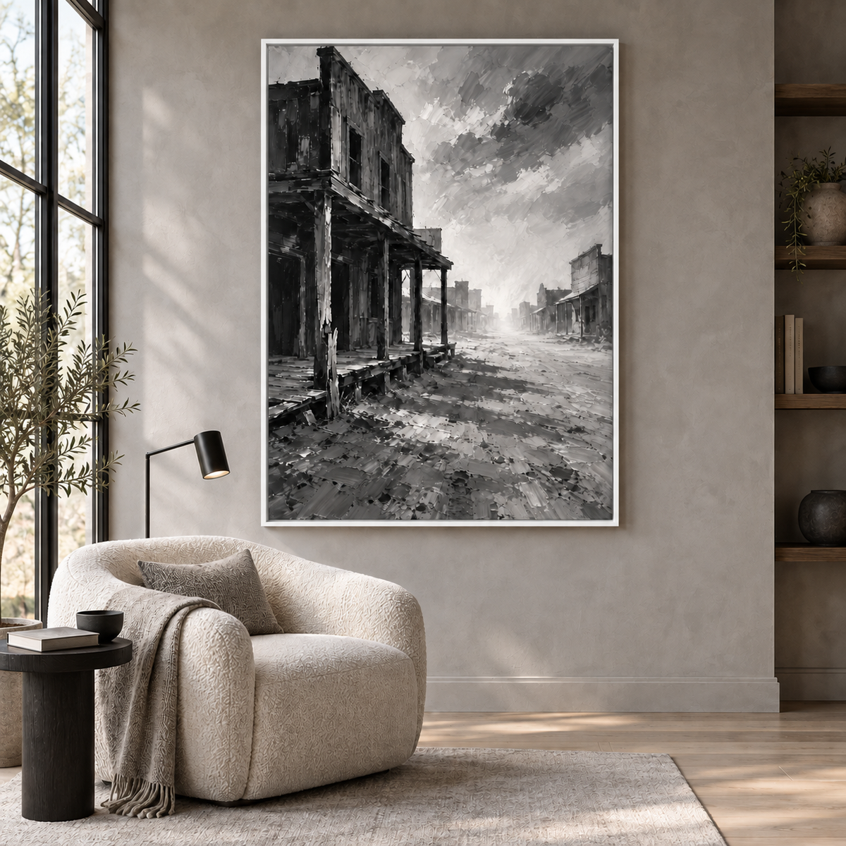 Ghost of the West: deserted Western town street in black and white, white frame room mockup