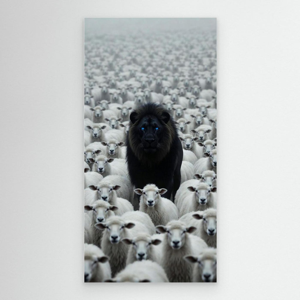Blue Eyes Black Lion Among Sheep
