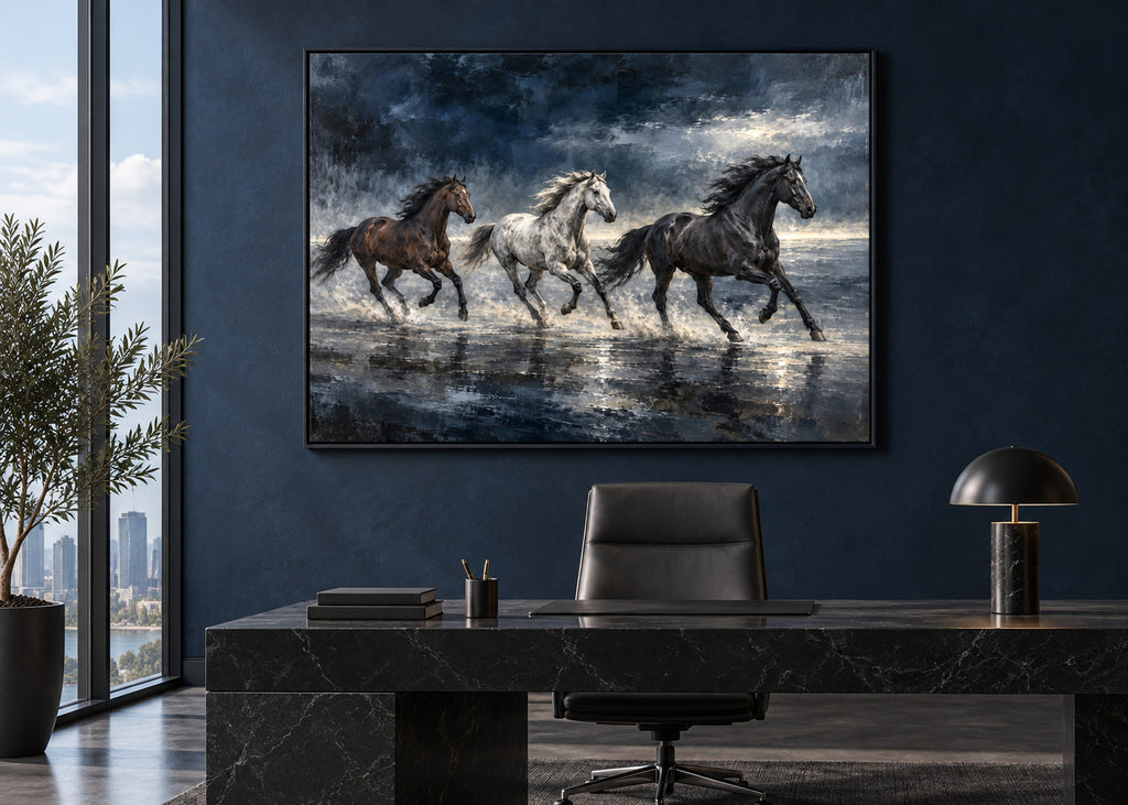 three running horses wall art in navy blue shown in a black frame in a modern interior