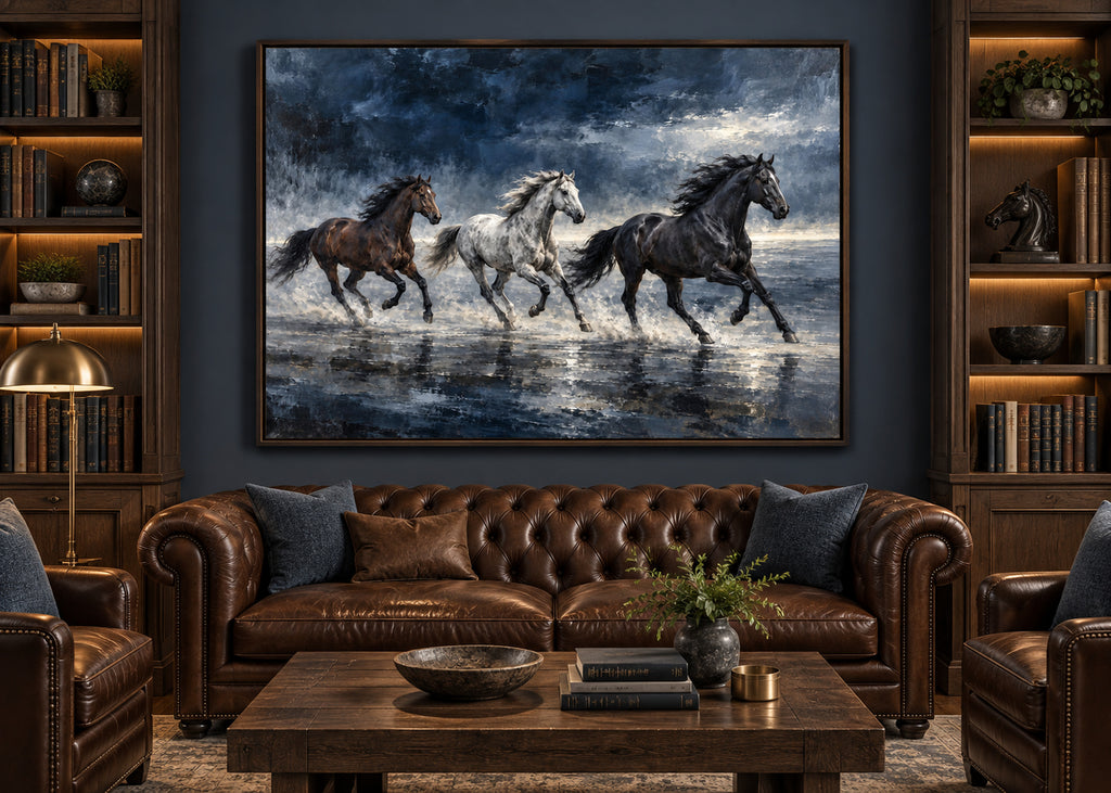 three running horses wall art in navy blue shown in a dark oak frame in a modern interior