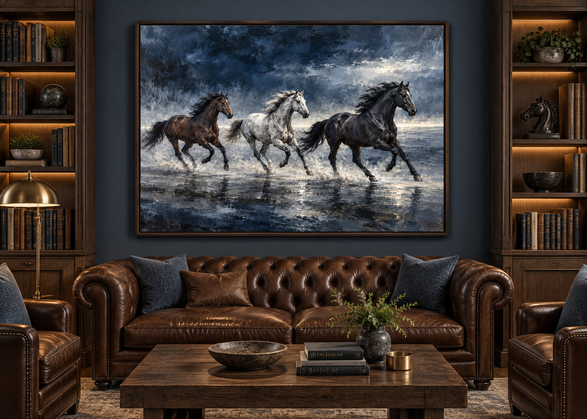 three running horses wall art in navy blue shown in a dark oak frame in a modern interior