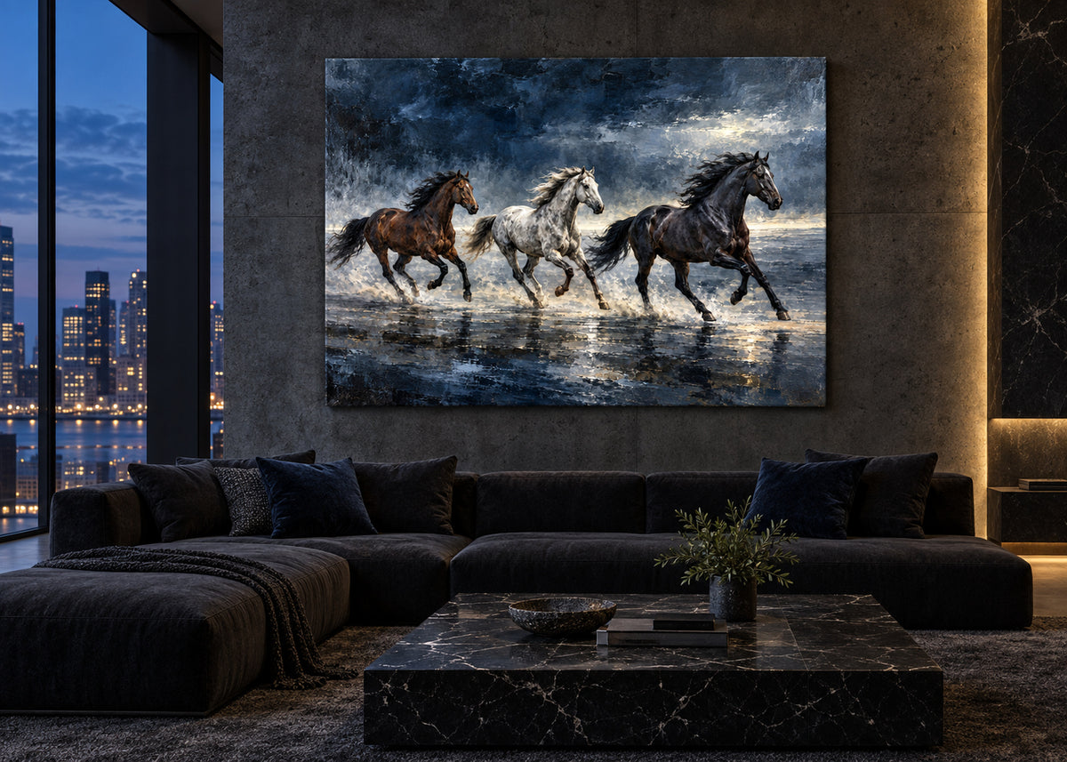 three running horses wall art in navy blue shown as an unframed canvas in a modern interior