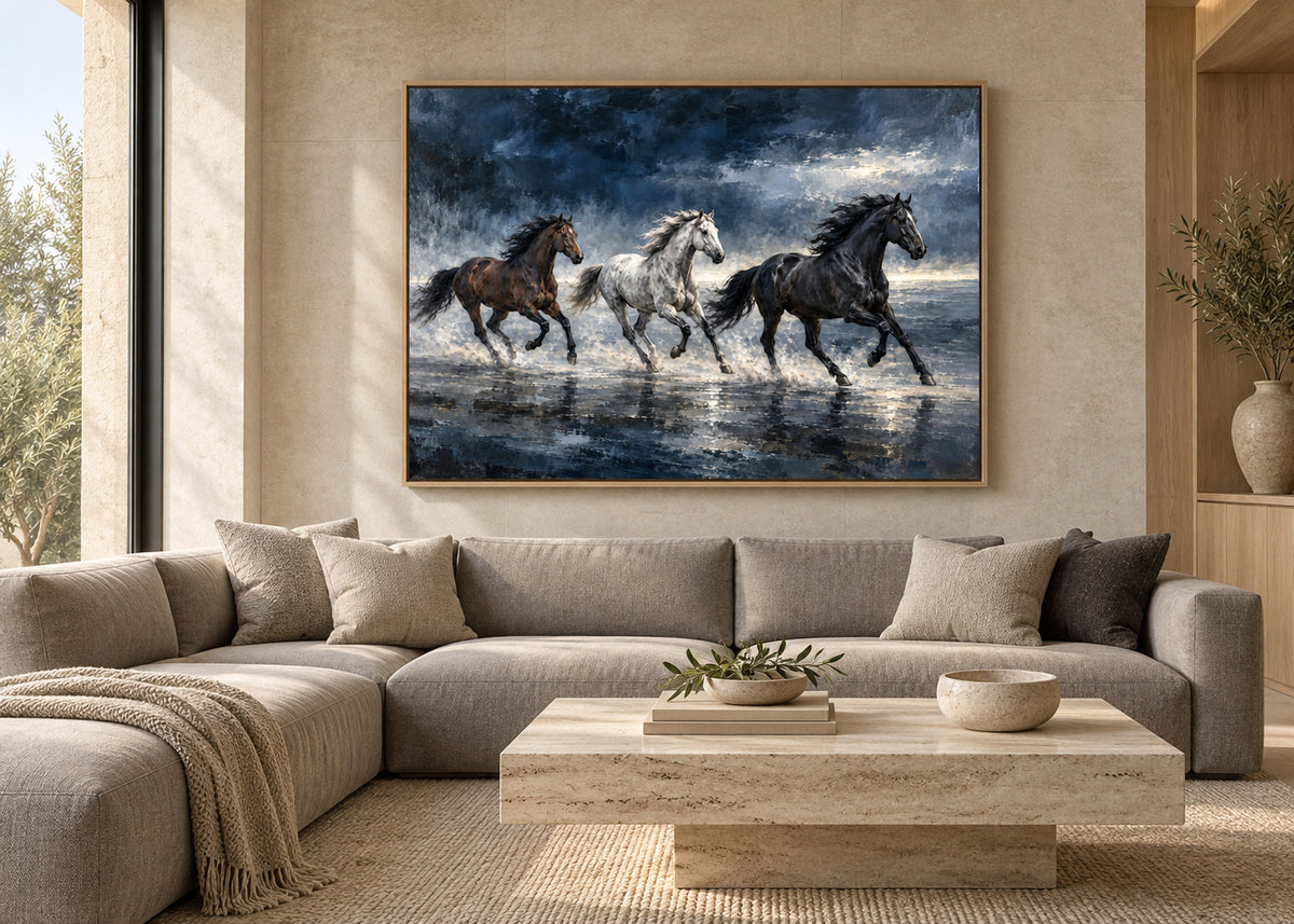 three running horses wall art in navy blue shown in a oak frame in a modern interior