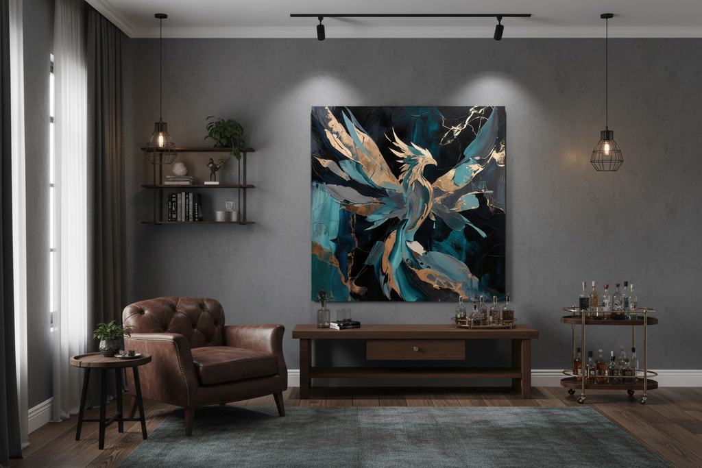 Teal Phoenix Rebirth – Abstract Wall Art for Men