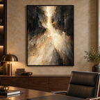 Divine Light, quadro su tela, cornice a cassetta nera, ambientazione in un ufficio direzionale di lusso