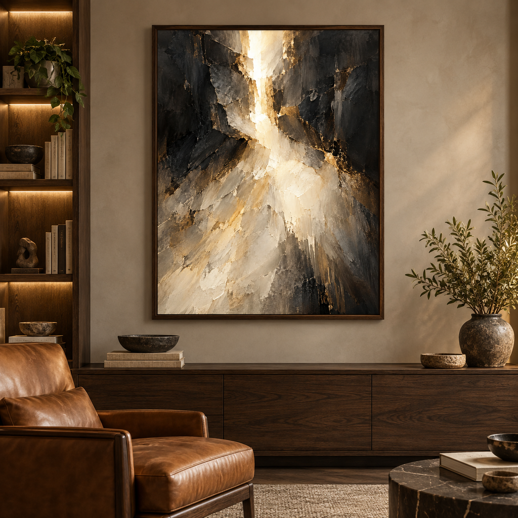 Divine Light, quadro su tela, cornice a cassetta in rovere scuro, ambientazione in uno studio privato di lusso
