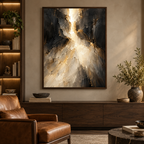 Divine Light, quadro su tela, cornice a cassetta in rovere scuro, ambientazione in uno studio privato di lusso