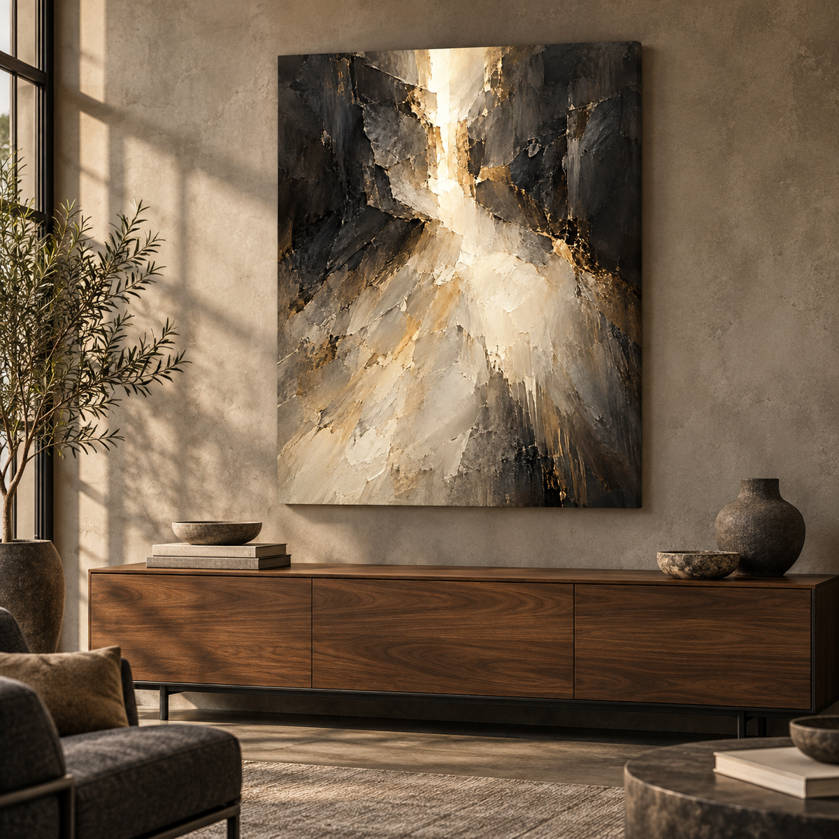 Divine Light, quadro su tela, tela su telaio senza cornice, ambientazione in un loft di lusso