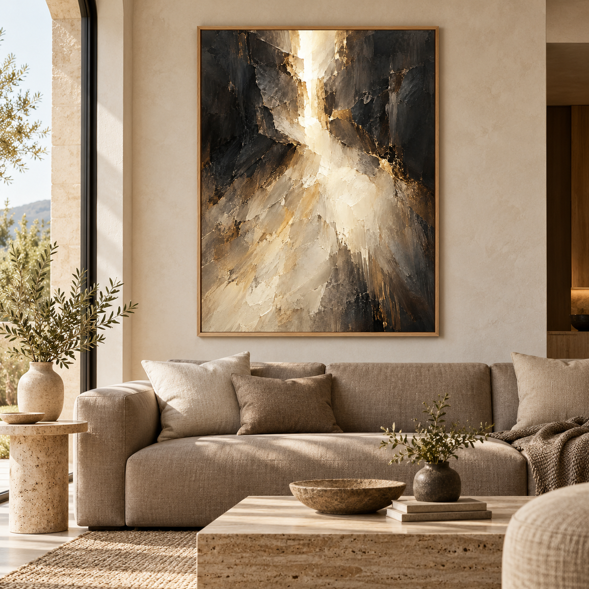 Divine Light, quadro su tela, cornice a cassetta in rovere, ambientazione in un soggiorno di lusso
